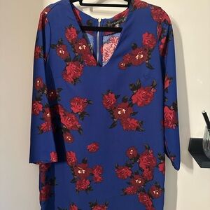 Dynamite Royal Blue Long-Sleeve Shift Dress with Red Floral Print